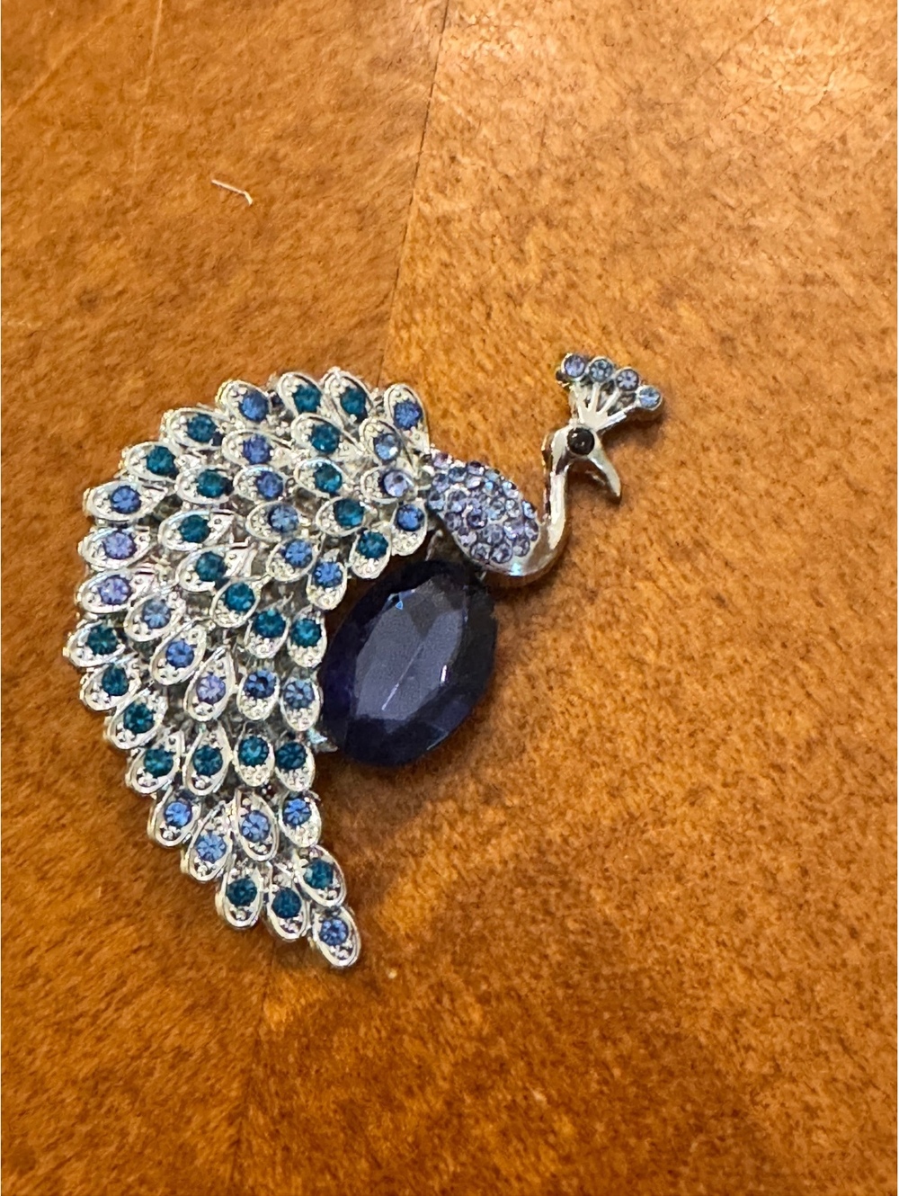 Elegant Peacock Brooch with Blue and Clear Rhinestones 358